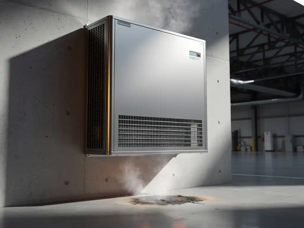 Industriële batterijopslag op betonnen muur in magazijn, met hittedistorsie bij ventilatierooster en schroeiplek op de vloer.