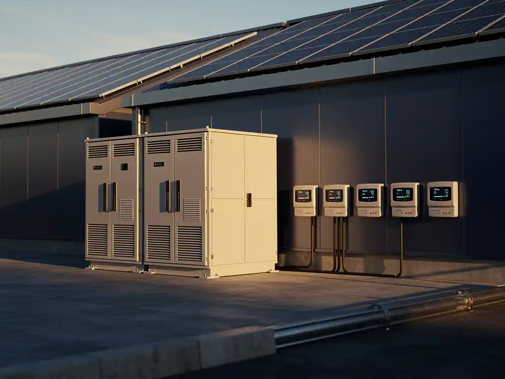 Industriële batterijopslag naast modern magazijn absorbeert zonne-energie overdag, betonnen voorplein in warm gouden licht.