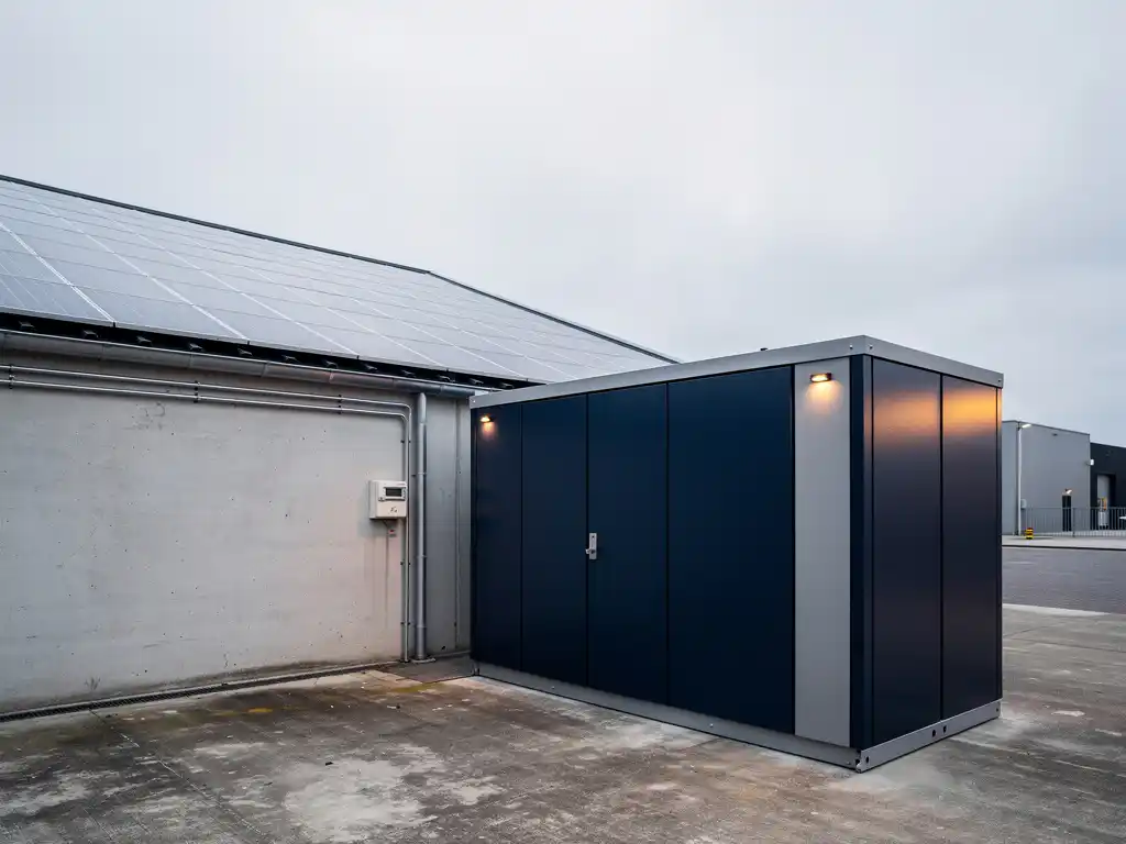 Industriële batterijopslag naast een modern magazijn met zonnepanelen op het dak en een elektriciteitsmeter aan de gevel.