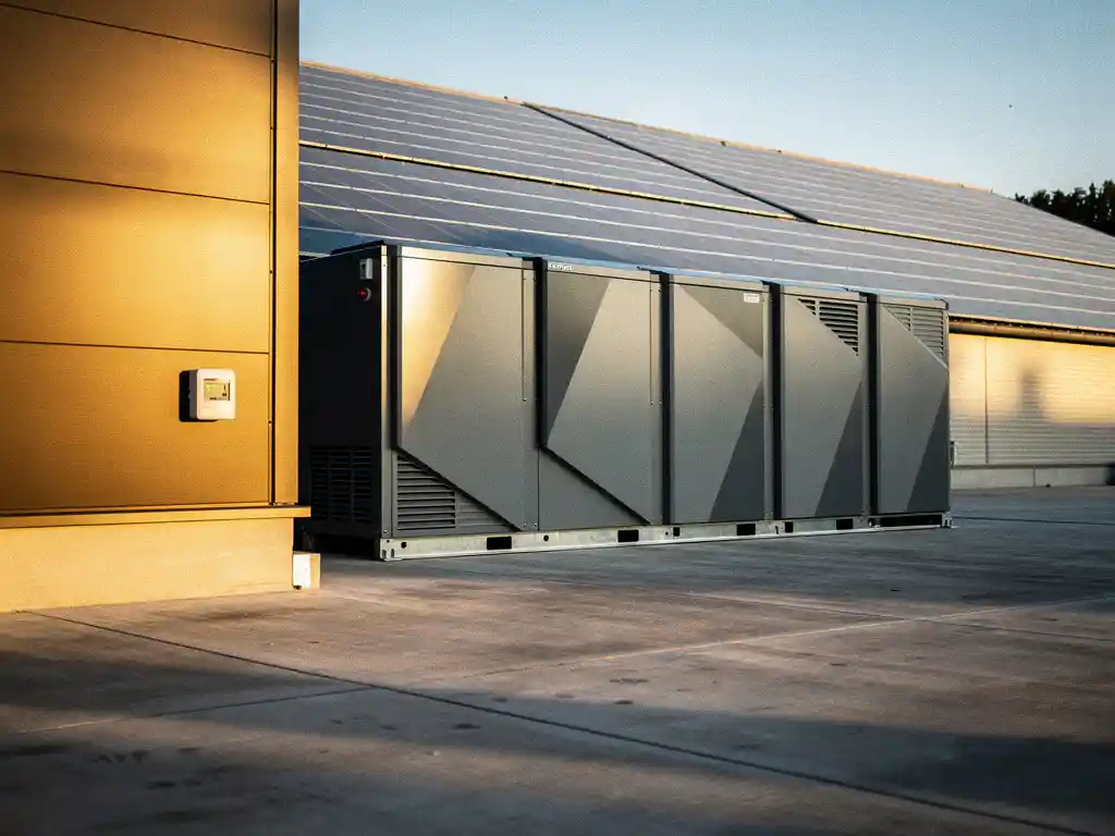 Industriële batterijopslag naast een magazijn met zonnepanelen op het dak, gouden ochtendlicht op betonnen voorplein.