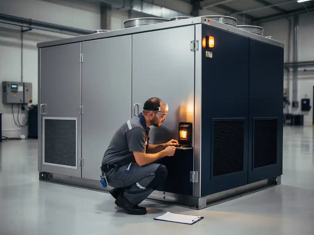Technicus inspecteert grote industriële batterijopslag in commerciële faciliteit, klembord op de vloer, stalen grijze en donkerblauwe tinten.