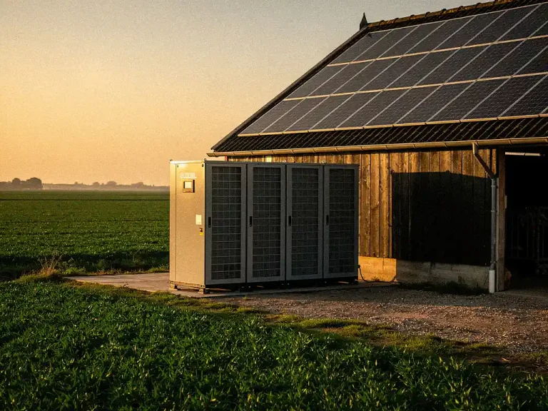 Industriële batterijopslag naast een Nederlandse agrarische schuur met zonnepanelen op het dak, omgeven door groen polderlandschap in gouden avondlicht.