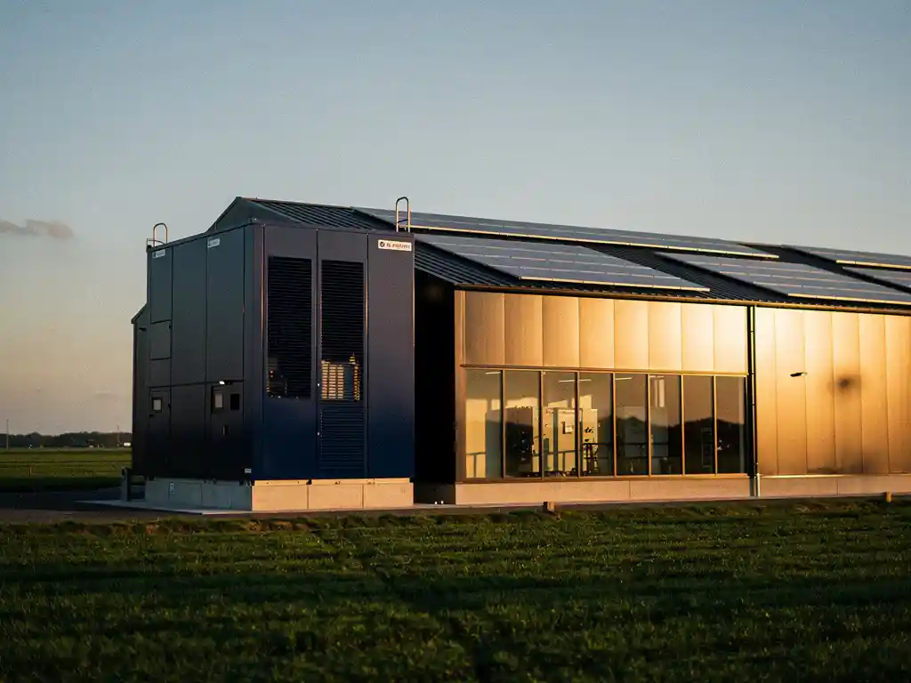 Industriële batterijopslag naast een modern magazijn met zonnepanelen op het dak, omgeven door Nederlands agrarisch landschap in gouden middaglicht.