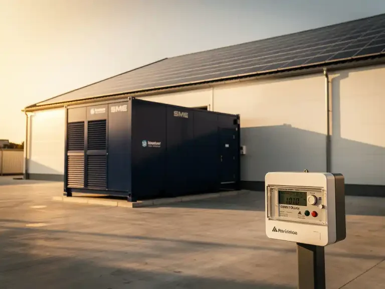Industrieel batterijopslagsysteem naast een modern MKB-magazijn met zonnepanelen op het dak en bijna nul stroomverbruik op de meter.