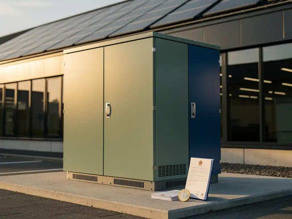 Industrieel batterijopslagsysteem naast Nederlands bedrijfspand met zonnepanelen op dak en euromunt als subsidiesymbool.