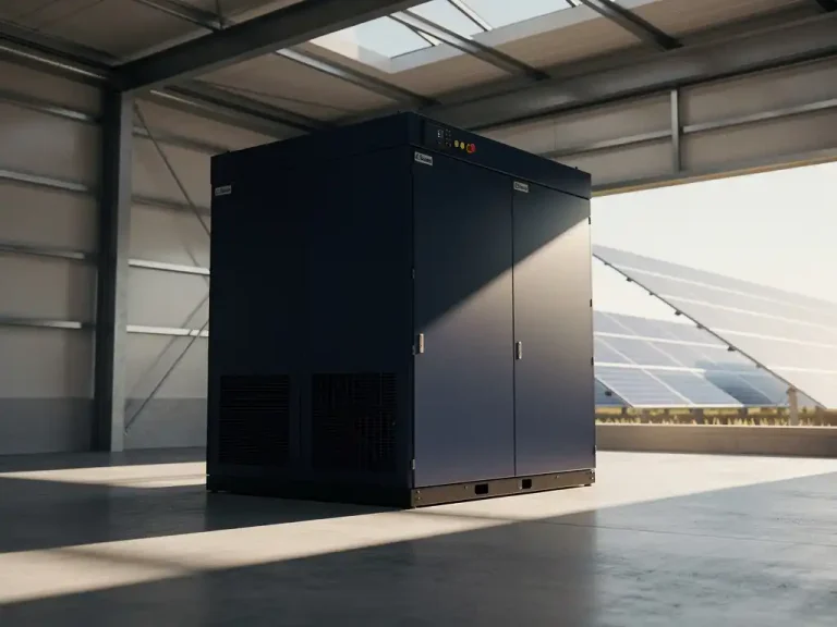 Grote industriële batterijopslag in moderne loods met zonlicht door dakramen en zonnepanelen op de achtergrond.
