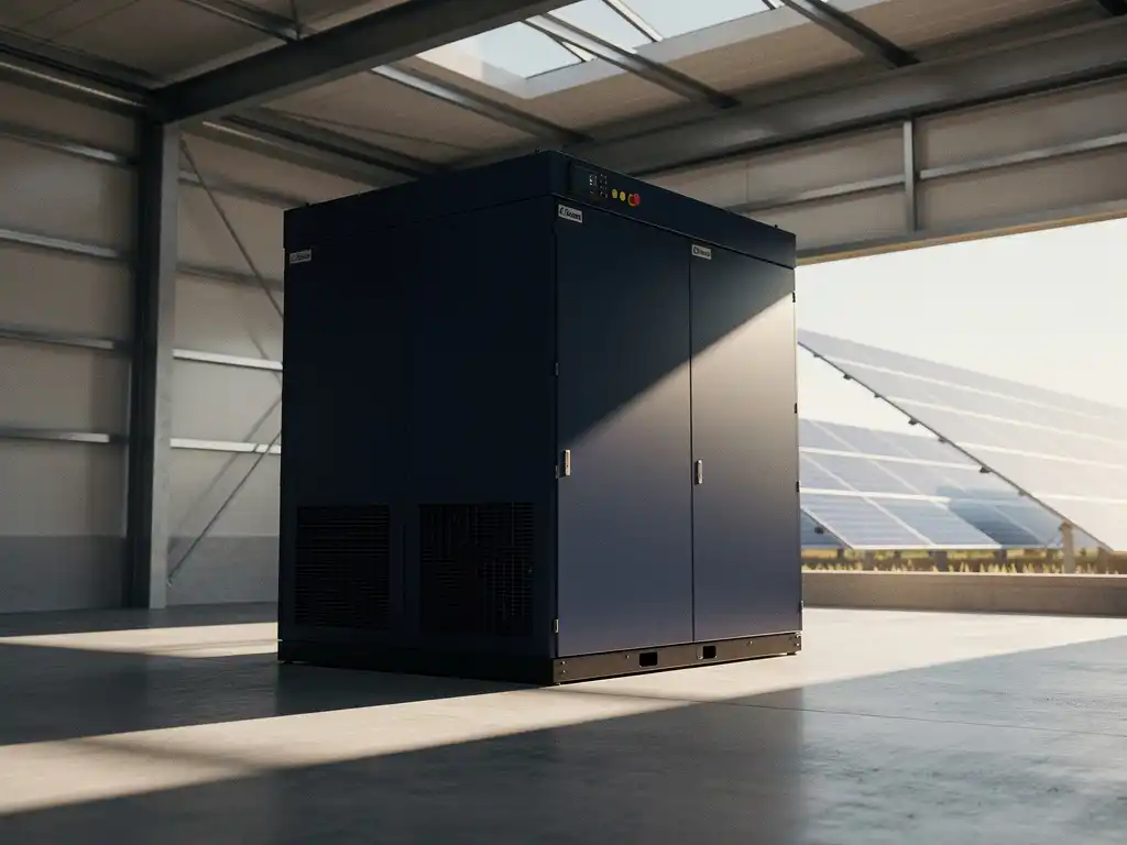 Grote industriële batterijopslag in moderne loods met zonlicht door dakramen en zonnepanelen op de achtergrond.