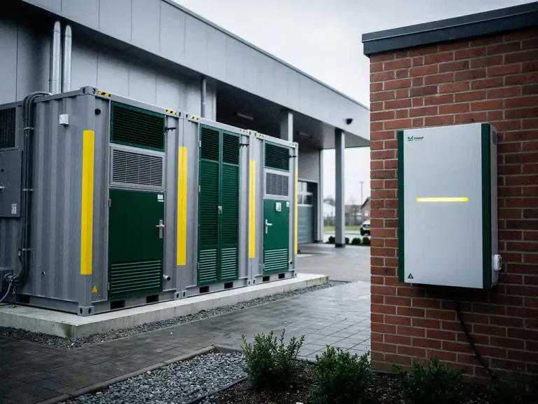 Industrieel batterijopslagsysteem naast commercieel magazijn, met klein residentieel thuisbatterijsysteem op bakstenen muur ernaast.