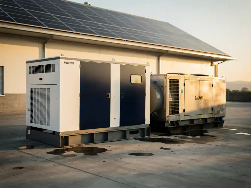 Industriële batterijopslag en dieselgenerator naast elkaar op een magazijnvoorterrein, met zonnepanelen op het dak erboven.