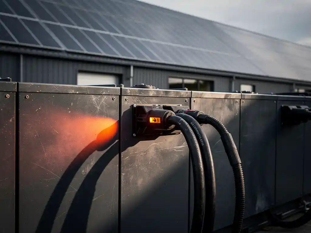Industriële batterijopslag met slijtage en verkeerd aangesloten kabels naast een commercieel pakhuis met zonnepanelen op het dak.