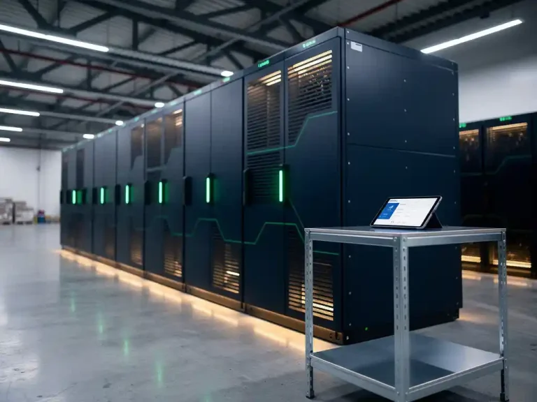 Industriële batterijopslag in moderne loods met groene statusindicatoren en tablet met live energiegrafieken op metalen plank.