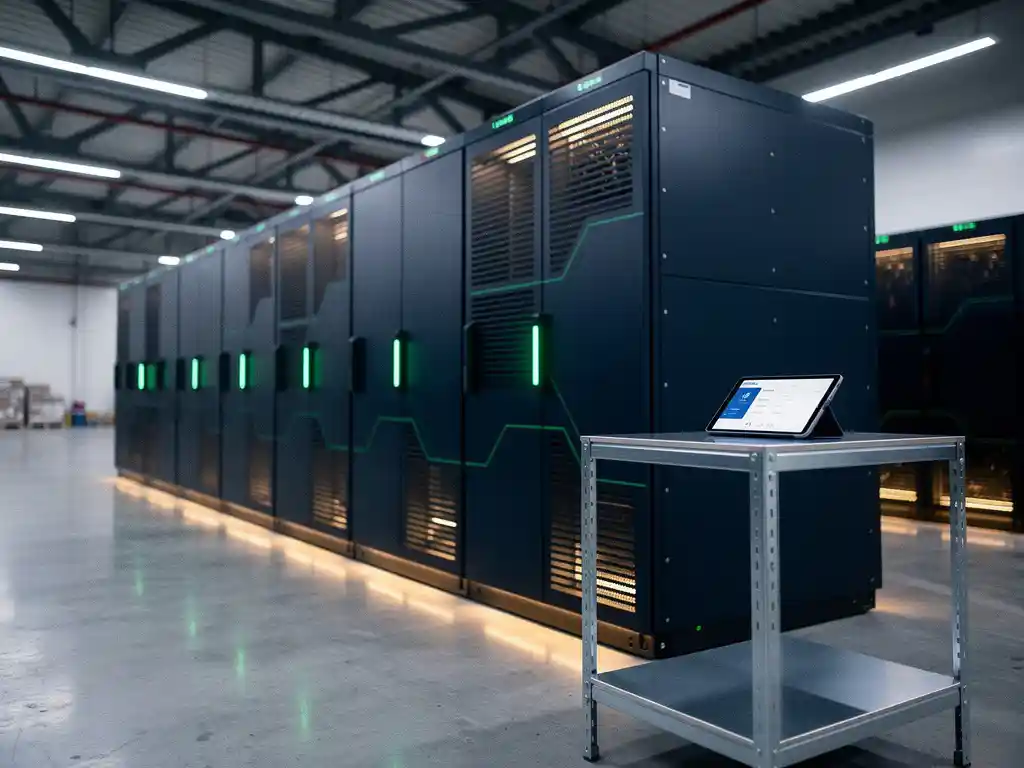 Industriële batterijopslag in moderne loods met groene statusindicatoren en tablet met live energiegrafieken op metalen plank.