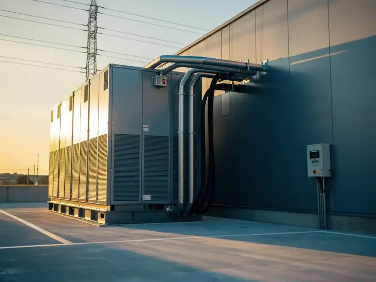 Industrieel batterijopslagsysteem naast een modern magazijn, verbonden met bovengrondse stroomlijnen tijdens gouden uur.