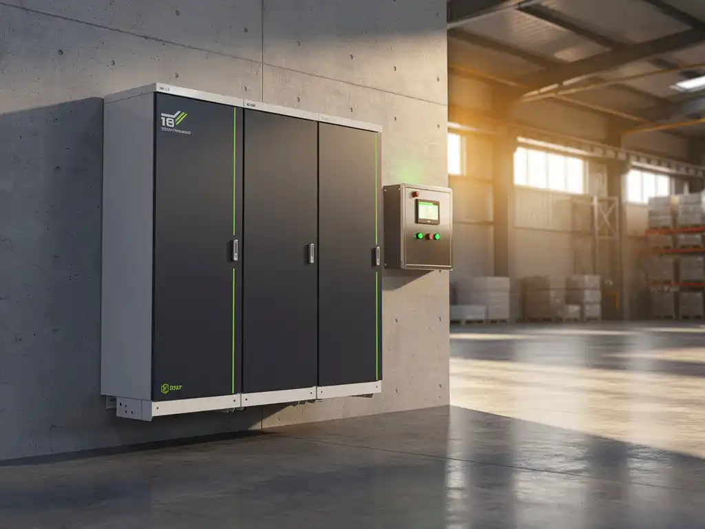 Industrieel batterijopslagsysteem op betonnen muur in moderne loods, met groen verlicht monitoringpaneel in warm middaglicht.
