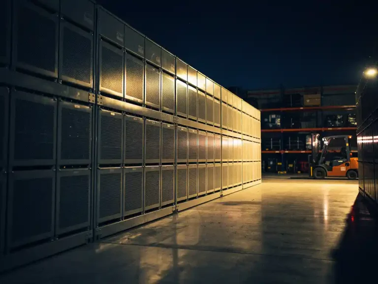 Industriële batterijopslagunits in een magazijn 's nachts, verlicht door warm barnsteenkleurig veiligheidslicht met vorkheftrucks op de achtergrond.