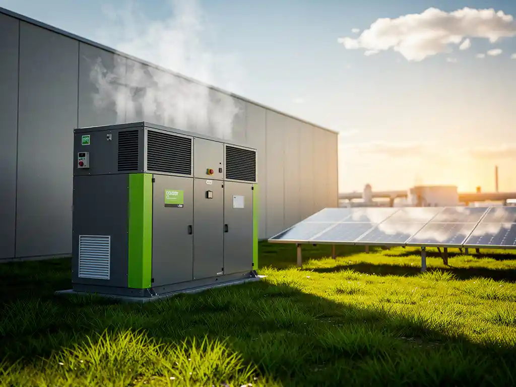 Industriële batterijopslag naast een moderne loods met zonnepanelen, omgeven door groen gras in warm gouduur licht.