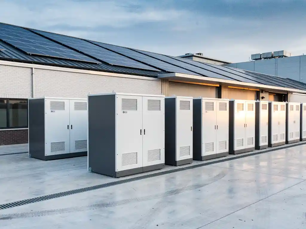 Industriële batterijopslag cabinetten naast Nederlands magazijn, zonnepanelen zichtbaar op dak, bewolkt daglicht.