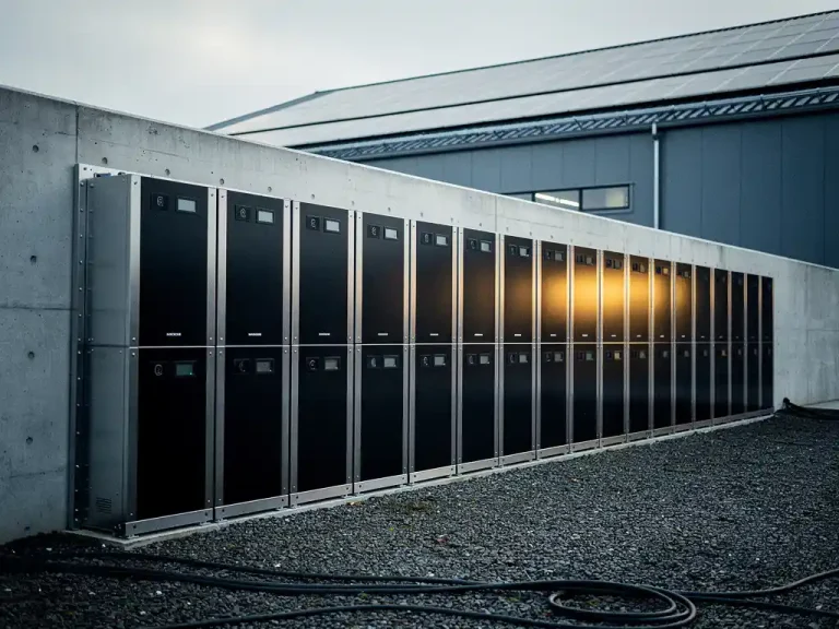 Industriële batterijopslag naast Nederlands magazijn met zonnepanelen op het dak en bewolkte lucht.