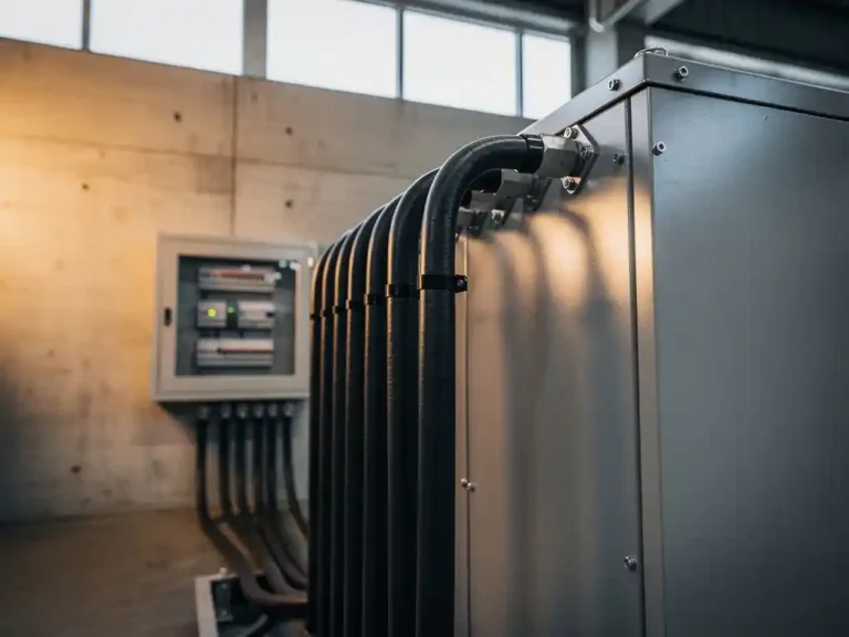 Industriële batterijopslag aangesloten op elektrisch schakelbordsysteem in een moderne magazijnomgeving.
