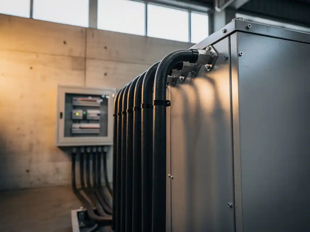 Industriële batterijopslag aangesloten op elektrisch schakelbordsysteem in een moderne magazijnomgeving.