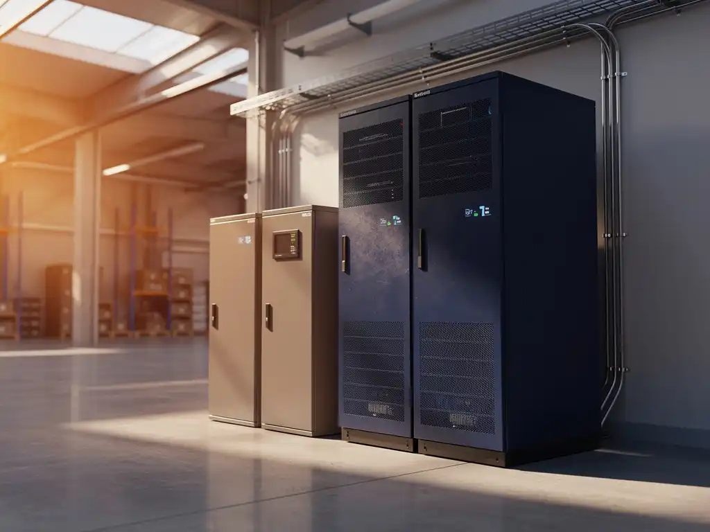 Industriële batterijopslag naast een UPS-kast in een moderne magazijnruimte, verlicht door warm amberkleurig daglicht via dakramen.