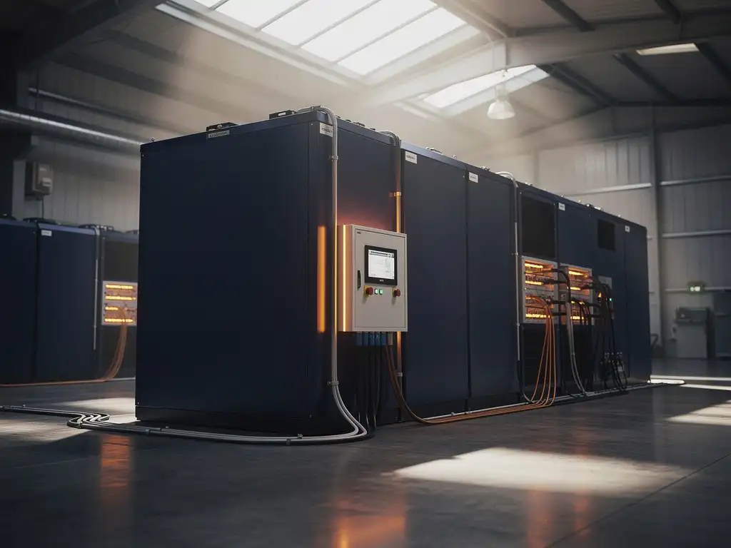 Industrieel batterijopslagsysteem verbonden met verlicht bedieningspaneel in modern magazijn met daglicht via dakramen.