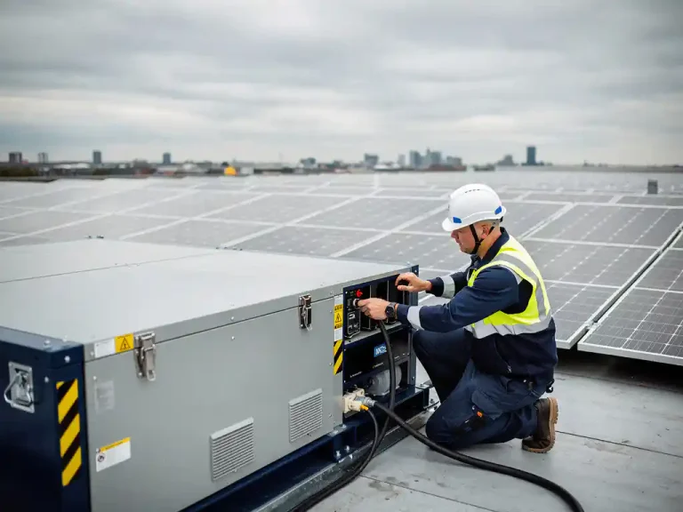 Technicus installeert industrieel batterijopslagsysteem op commercieel magazijndak met zonnepanelen op de achtergrond.