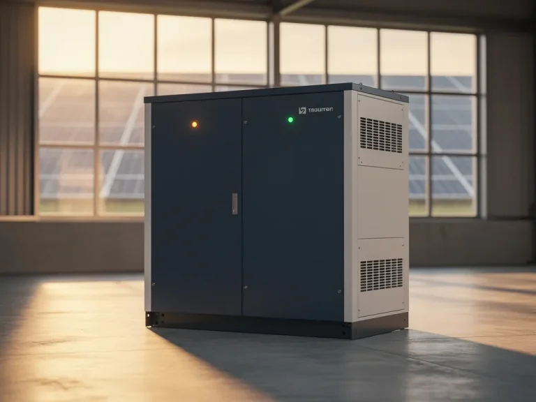 Industriële batterijopslag op betonvloer in commercieel magazijn, met gloeiende indicatielampjes en zonnepanelen zichtbaar door het raam.