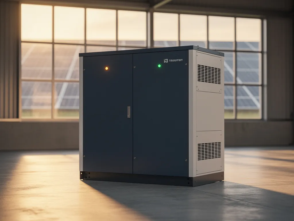 Industriële batterijopslag op betonvloer in commercieel magazijn, met gloeiende indicatielampjes en zonnepanelen zichtbaar door het raam.