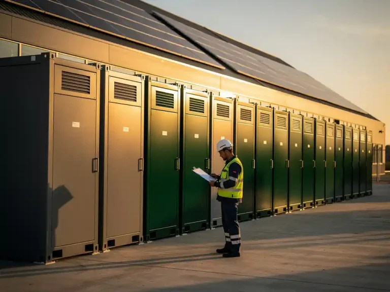 Industriële batterijopslag naast Nederlands magazijn met zonnepanelen op het dak, facility manager bestudeert energiedata op klembord.
