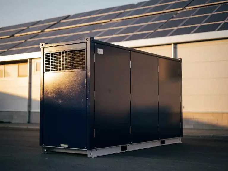 Industriële batterijopslag naast een modern magazijn met zonnepanelen op het dak, gefotografeerd in warm middaglicht.