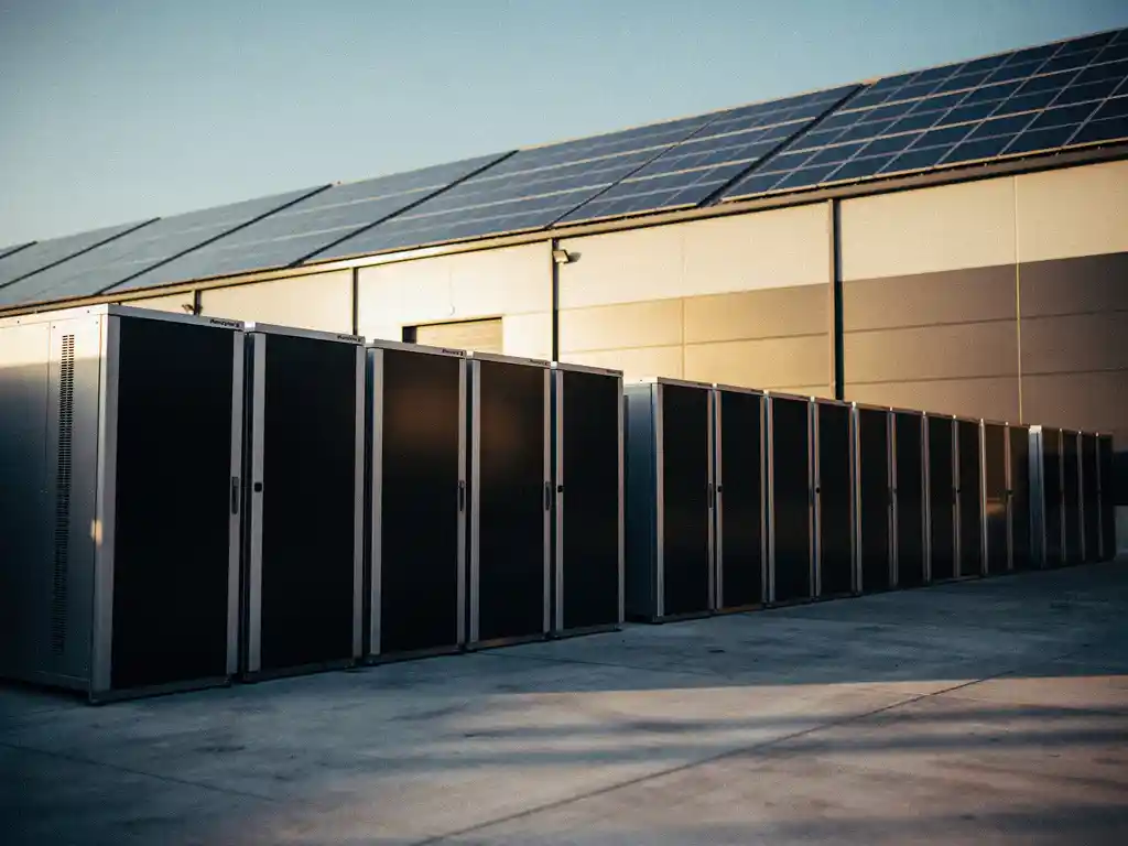 Industrieel batterijopslagsysteem met zwarte en zilveren kasten naast een commercieel magazijn, zonnepanelen op het dak, gouden middaglicht.