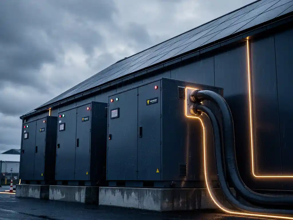 Industriële batterijopslagsystemen naast een magazijn met zonnepanelen op het dak, verbonden via dikke stroomkabels.