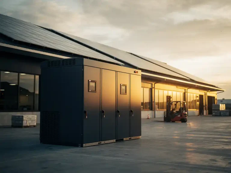 Industrieel batterijopslagsysteem naast een magazijn met zonnepanelen op het dak, heftruck actief op het betonnen terrein in goudkleurig middaglicht.