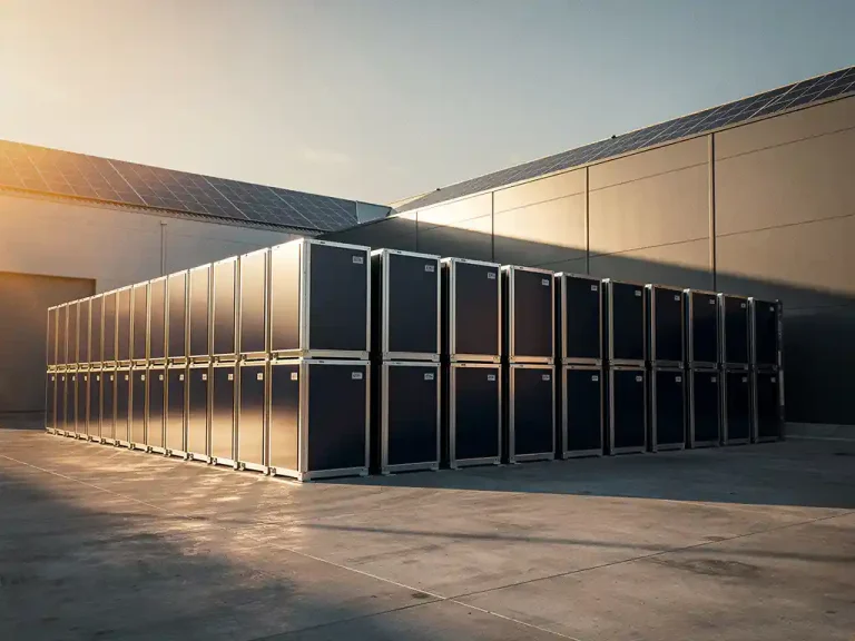 Industrieel batterijopslagsysteem met modulaire eenheden naast een magazijn, zonnepanelen op het dak, gouden uurtje belichting.