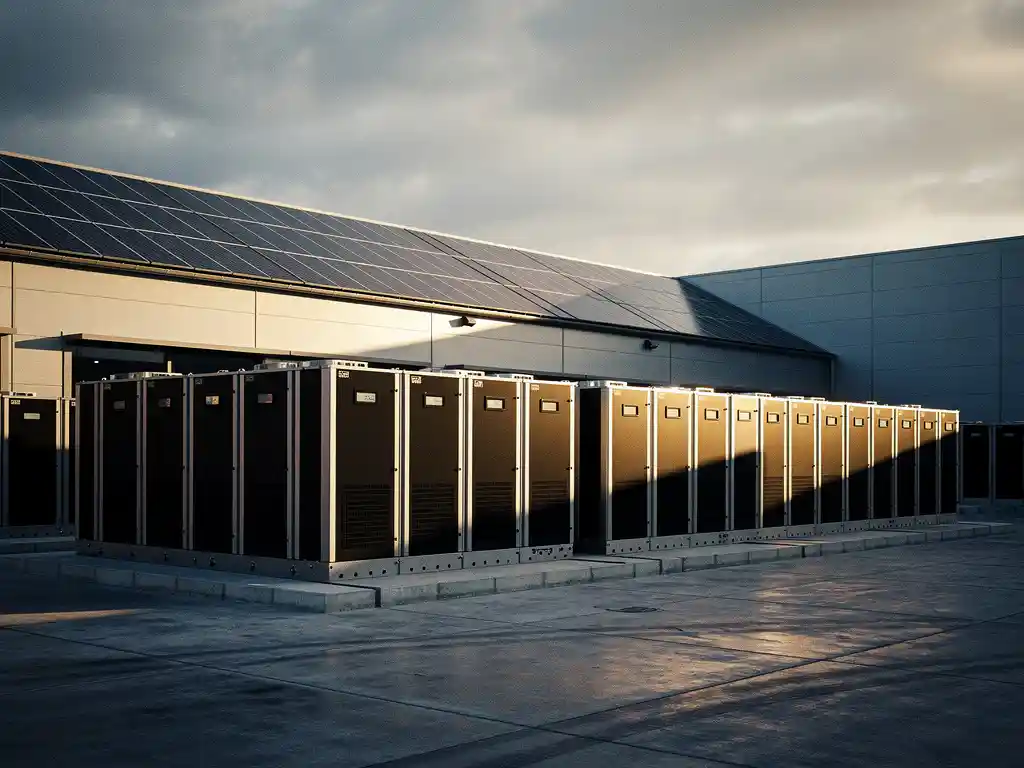 Industriële batterijopslagsystemen naast een modern magazijn, met zonnepanelen op het dak en gouden middaglicht over de betonnen ondergrond.