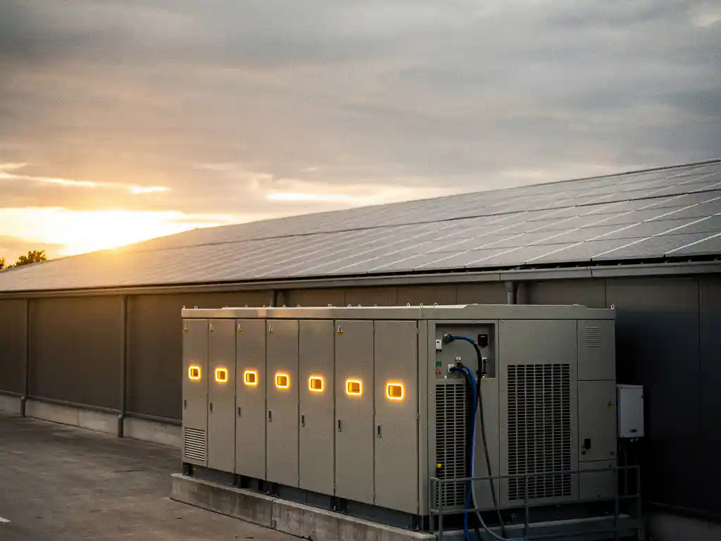 Industriële batterijopslag naast magazijn met zonnepanelen op dak, amber laadlampjes zichtbaar op paneel onder goudkleurig licht.