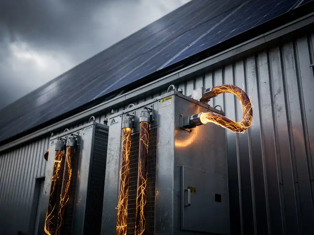 Industriële batterijopslagsystemen naast een magazijn met zonnepanelen, dikke energiekabels en bewolkte lucht.
