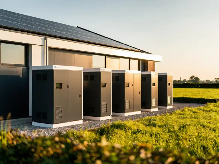 Industriële batterijopslag naast Nederlands bedrijfspand met zonnepanelen op het dak en groene weilanden op de achtergrond.
