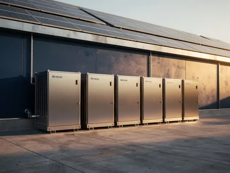 Modulair batterijopslagsysteem uitgebreid met nieuwe eenheid tegen de gevel van een commercieel magazijn, zonnepanelen zichtbaar op het dak.