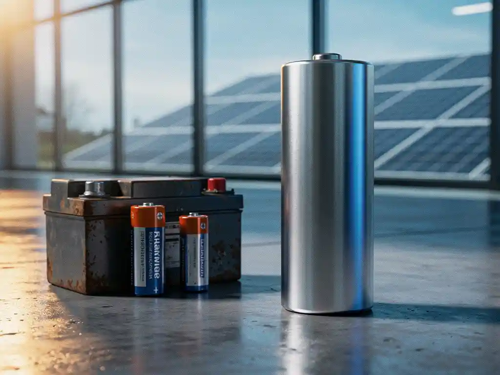 Lithiumbatterij naast lood-zuur- en alkalinebatterijen op betonnen ondergrond, met zonnepanelen zichtbaar in magazijn op achtergrond.