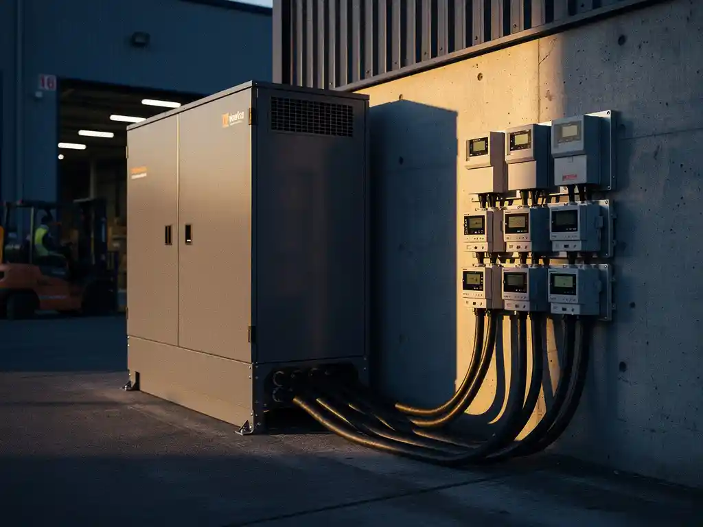 Industriële batterijopslag naast een drukke laaddock, verbonden met een bedrijfsgebouw via dikke stroomkabels en energiemeters op betonnen muur.