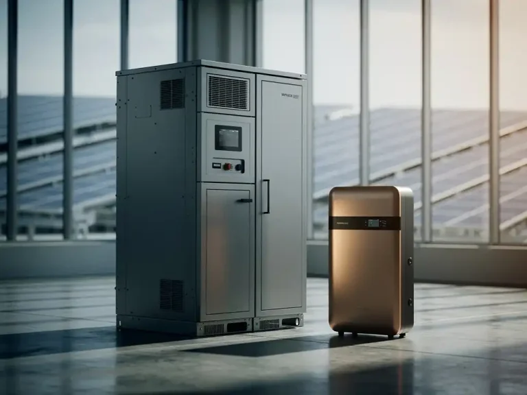 Grote industriële batterijopslag naast een compacte thuisbatterij op betonvloer, met zonnepanelen zichtbaar op de achtergrond.