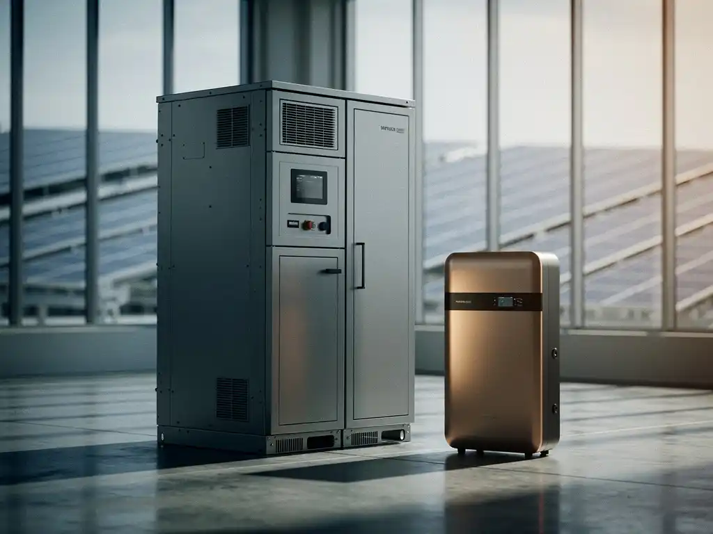 Grote industriële batterijopslag naast een compacte thuisbatterij op betonvloer, met zonnepanelen zichtbaar op de achtergrond.