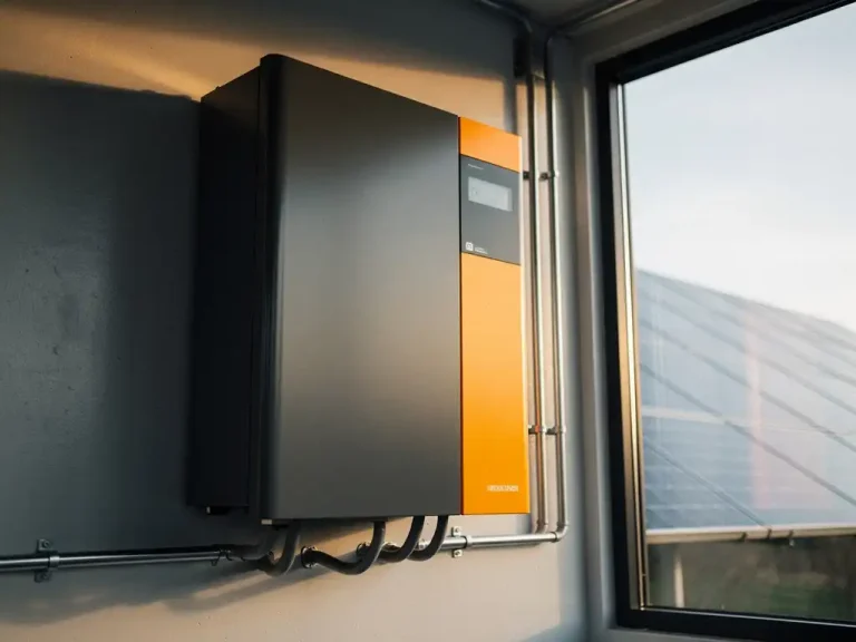 Moderne thuisbatterij op industriële muur met zonlicht en zonnepanelen op de achtergrond.