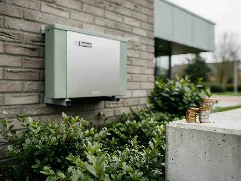 Warmtepomp op bakstenen gevel van Nederlands bedrijfspand, met groene struiken en euromuntjes op betonnen richel.