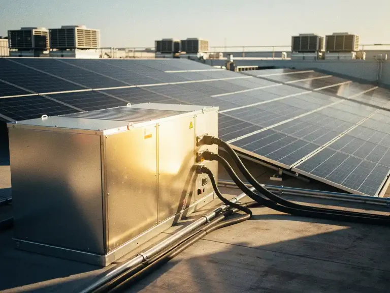 Industriële batterijopslag verbonden met zonnepanelen op commercieel magazijn, middagzon werpt scherpe schaduwen over de panelen.