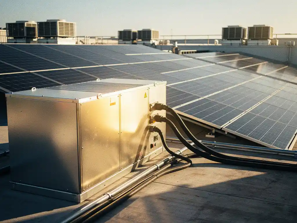 Industriële batterijopslag verbonden met zonnepanelen op commercieel magazijn, middagzon werpt scherpe schaduwen over de panelen.