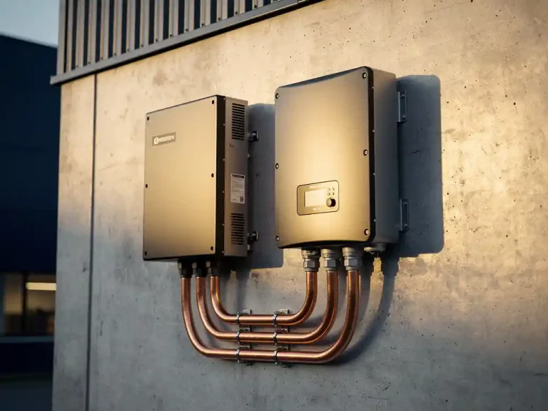 Industriële batterijopslag en zonne-omvormer op betonnen muur van Nederlands bedrijfspand, verbonden met dikke koperen kabels in middagzon.