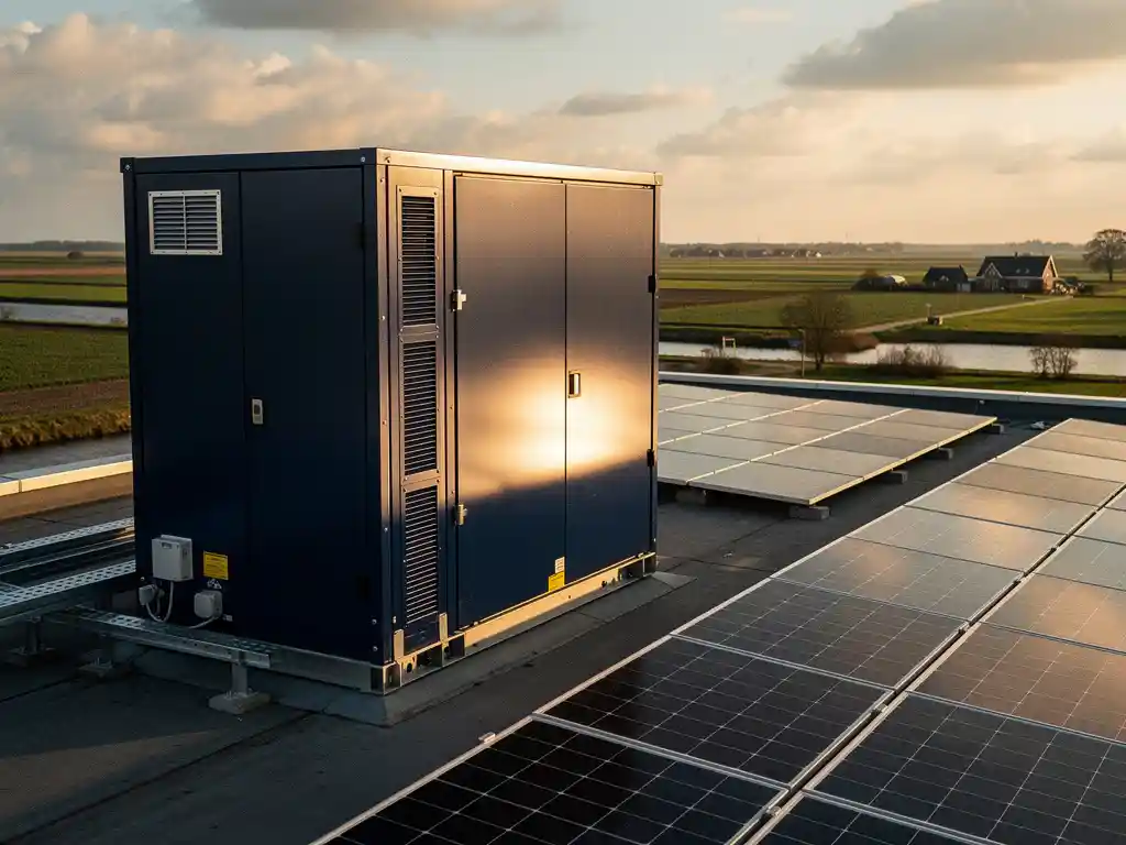 Industriële batterijopslag naast zonnepanelen op commercieel dak met Nederlands agrarisch landschap op de achtergrond.